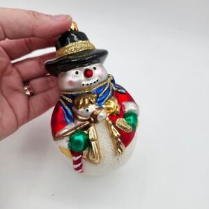 Radko Style Hand-Painted Glass Snowman Ornament with Rocking Horse & Candy‎ Cane